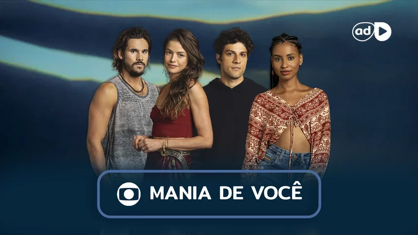 Protagonistas da novela Mania de Você na arte do resumo da semana