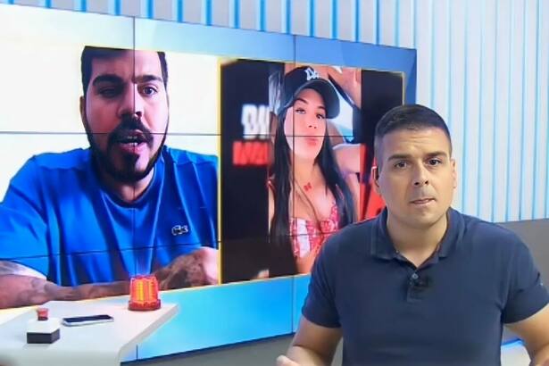 Jornalista do Rio de Janeiro no telão do programa Alô Juca questionando sobre o Golep do Pix ao apresentador Marcelo Castro que aparece surpreso