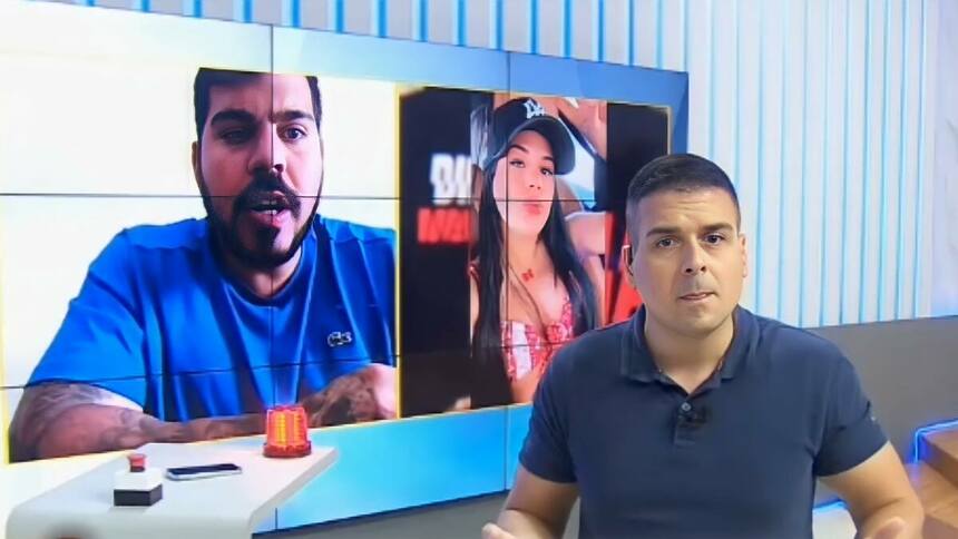 Jornalista do Rio de Janeiro no telão do programa Alô Juca questionando sobre o Golep do Pix ao apresentador Marcelo Castro que aparece surpreso