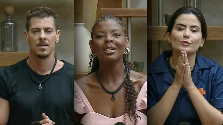 Sacha, Suelene e Vanessa pedindo votos para saírem da Roça na sala de A Fazenda 16