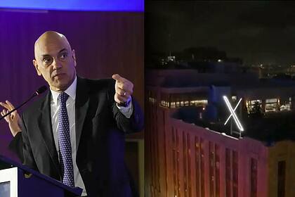 Ministro Alexandre de Moraes levanta as mãos em discurso em um púlpito. Ao lado a fachada da sede da rede social X