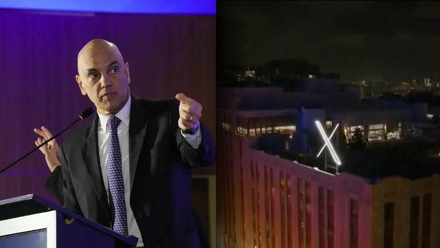 Ministro Alexandre de Moraes levanta as mãos em discurso em um púlpito. Ao lado a fachada da sede da rede social X