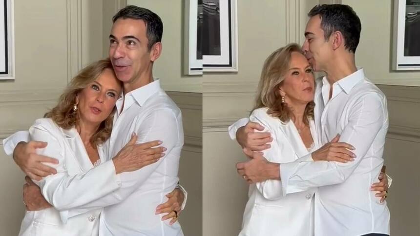 Cesar Tralli e Helô Pinheiro abraçados e juntos se beijando