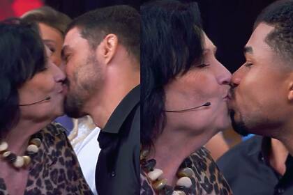 Dona Dea beijando Cauã Reymond e Juan Paiva no Domingão