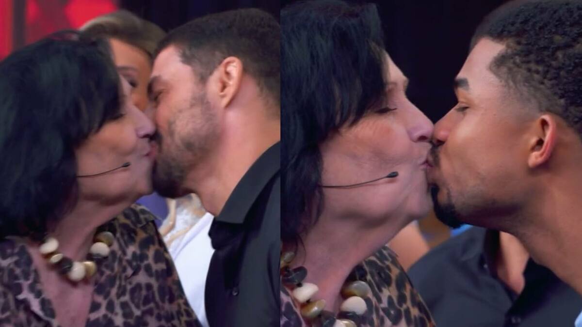 Dona Dea beijando Cauã Reymond e Juan Paiva no Domingão