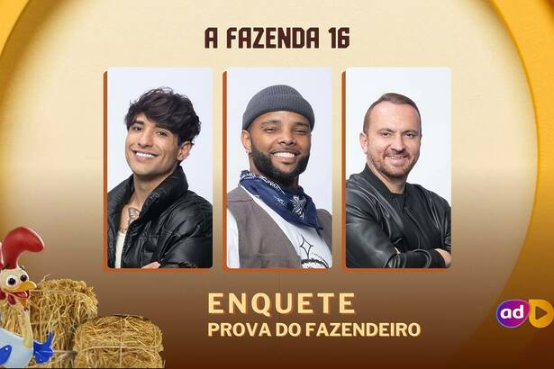 Cauê, Zaac e Zé Love sorridentes na arte da enquete da 4ª Prova do Fazendeiro