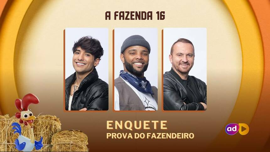 Cauê, Zaac e Zé Love sorridentes na arte da enquete da 4ª Prova do Fazendeiro