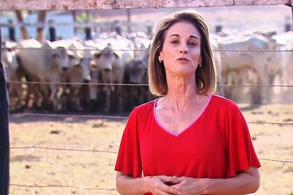 Helen Martins apresentando o Globo rural em uma fazenda. Ao fundo bois e vacas no pasto