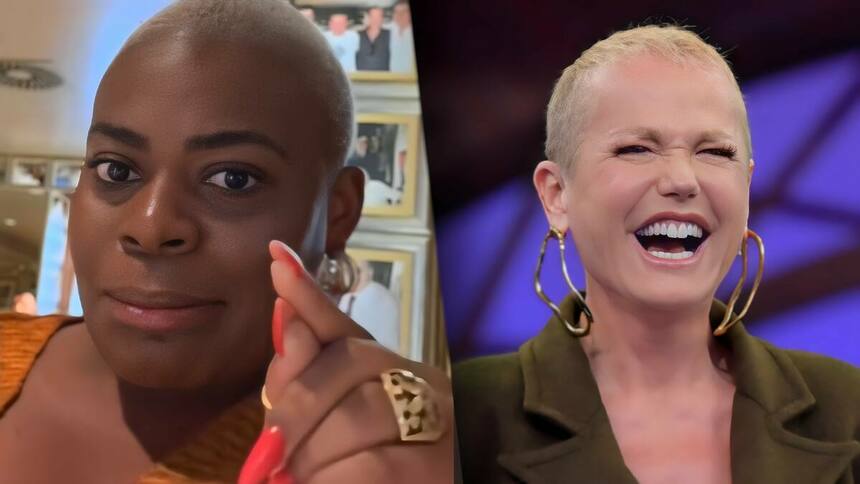 Jojo Todynho levanta o dedo para falar contra Xuxa que está sorridente no palco da TV Globo