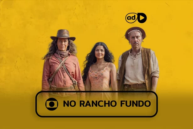 Protagonistas da novela No Rancho Fundo sorrindo na arte do resumo