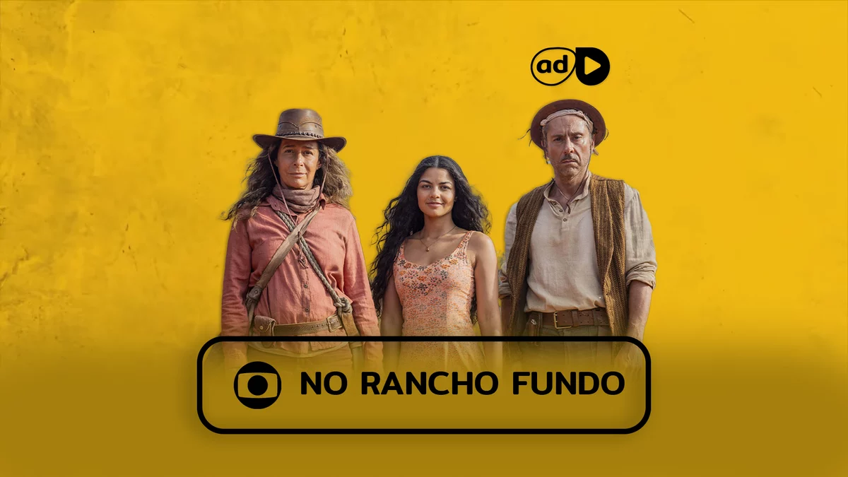 Protagonistas da novela No Rancho Fundo sorrindo na arte do resumo
