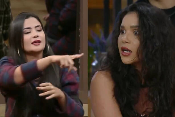 Vanessa e Gizelly em montagem com trechos da treta de A Fazenda