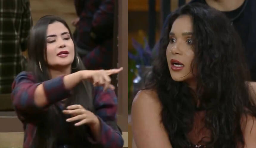 Vanessa e Gizelly em montagem com trechos da treta de A Fazenda