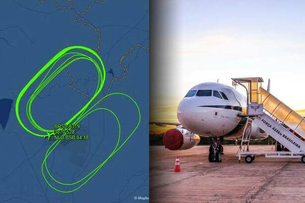 Montagem com radar mostrando avião de Lula em círculos e ao lado o avião pronto para decolar