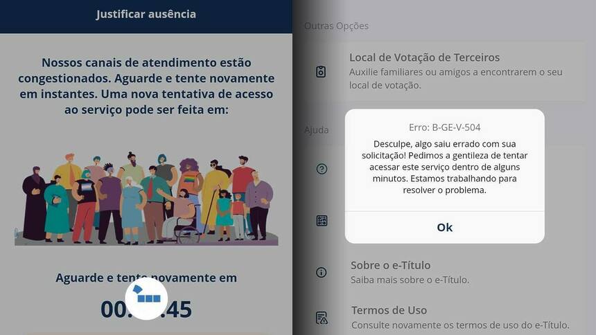 Telas do app E-Título que mostra a justificativa de Ausência na Eleição 2024