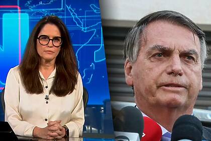 Ana Luiza Guimarães de óculos no cenário do Jornal Nacional dividindo tela com Bolsonaro que concede entrevistas em frente aos microfones da Globo, TV Cultura e outras emissoras