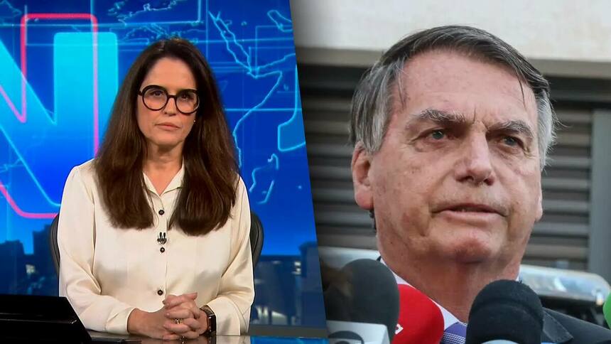 Ana Luiza Guimarães de óculos no cenário do Jornal Nacional dividindo tela com Bolsonaro que concede entrevistas em frente aos microfones da Globo, TV Cultura e outras emissoras