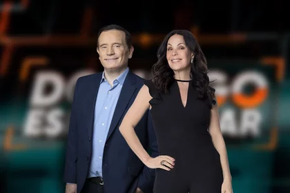 Roberto Cabrini e Carolina Ferraz em arte com logo do domingo Espetacular