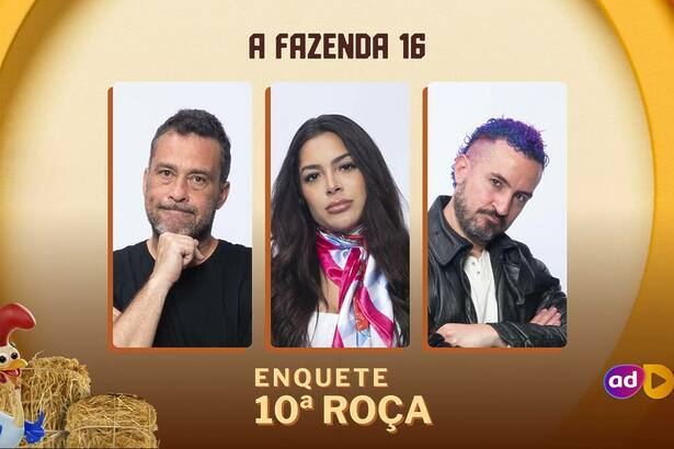Juninho, Luana e Fernando com semblantes tristes na arte da enquete de A Fazenda 16 na 10ª Roça