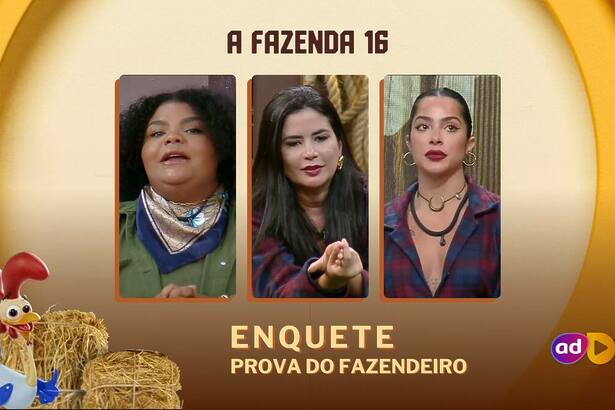 Flora, Vanessa e Luana sentadas no banco da Roça e na arte da enquete de A Fazenda 16 sobre a nona Prova do Fazendeiro