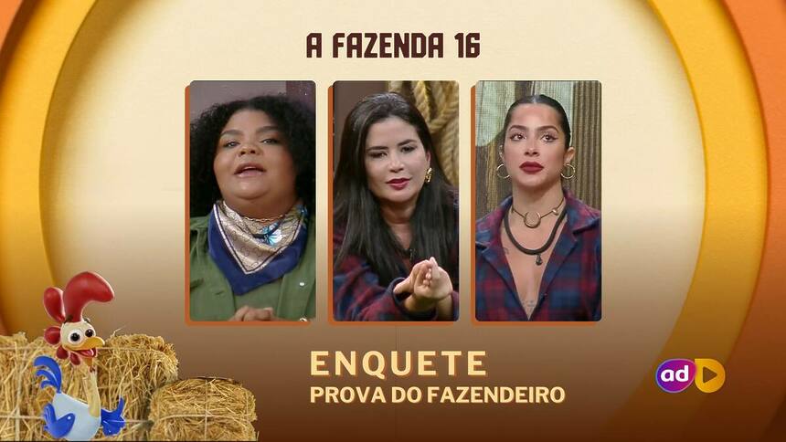 Flora, Vanessa e Luana sentadas no banco da Roça e na arte da enquete de A Fazenda 16 sobre a nona Prova do Fazendeiro