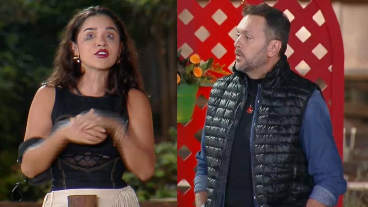 Gizelly e Albert, em uma montagem, durante a dinâmica de apontamento de A Fazenda 16