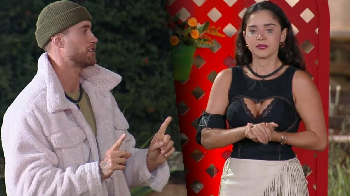 Gizelly e Yuri, em uma montagem, durante a dinâmica da discórdia em A Fazenda