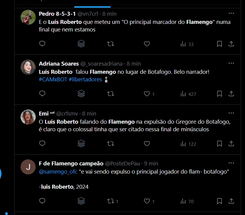 Print de comentários no X criticando a gafe de Luis Roberto nas redes sociais