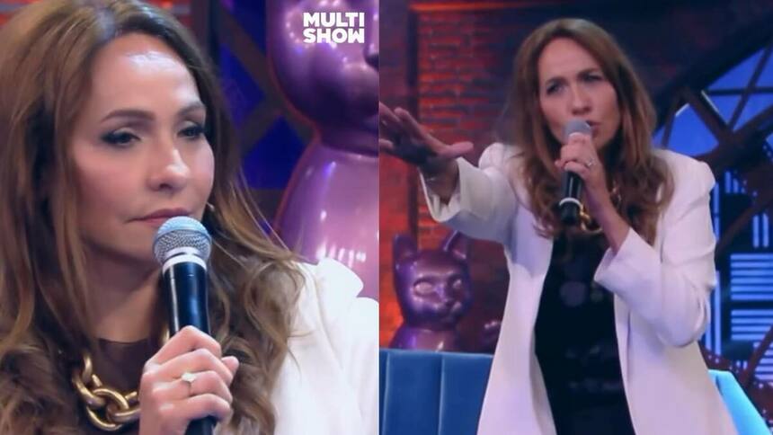 Maria Beltrão cantando no Lady Night, em uma montagem em dois momentos