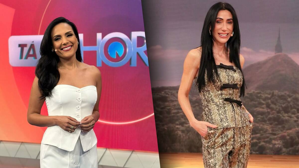 Marcia Dantas no cenário do Tá na Hora sorrindo e Michelle Barros sorrindo no cenário do Chega Mais Notícias
