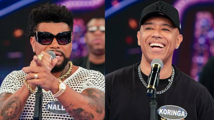 Naldo e MC Koringa , em montagem do Qual É A Música no Programa Silvio Santos