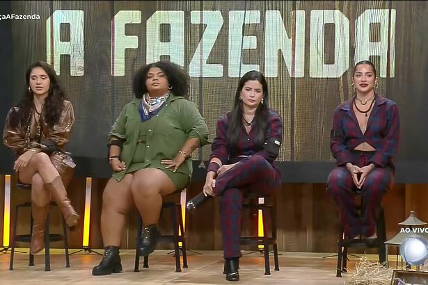 Gizelly, Flora, Vanessa e Luana sentadas no banco da Roça de A Fazenda 16