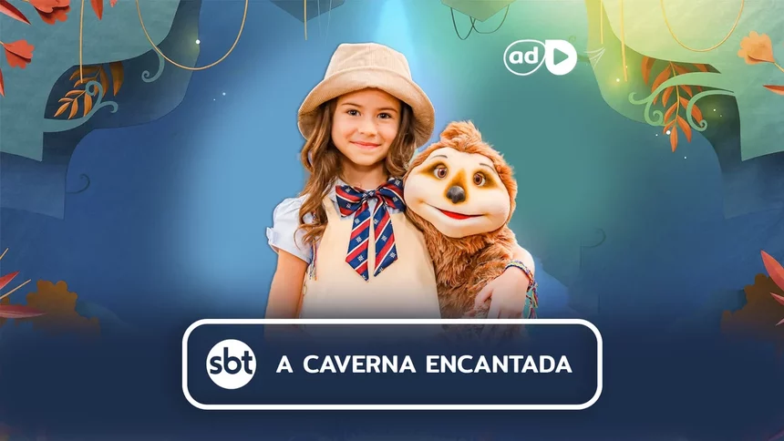 Anna sorrindo ao lado de um fantoche em arte do resumo de A Caverna Encantada