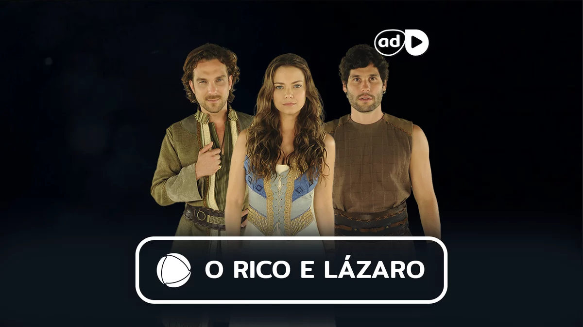 Zac, Joana e Asher na arte do resumo de O Rico e Lázaro