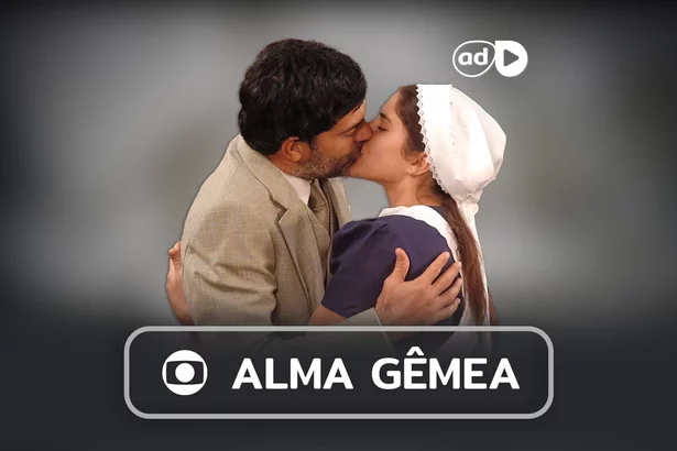 Rafael e Serena se beijando na boca, na arte do resumo de Alma gêmea