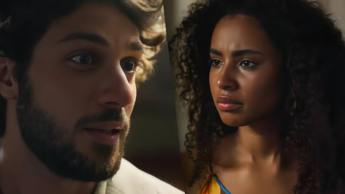 Mavi olha para Viola com cara de choro, enquanto ela fica em choque em cena de Mania de Você