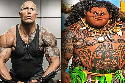 The Rock mostrando os músculos e o desenho de Maui em animação de Moana