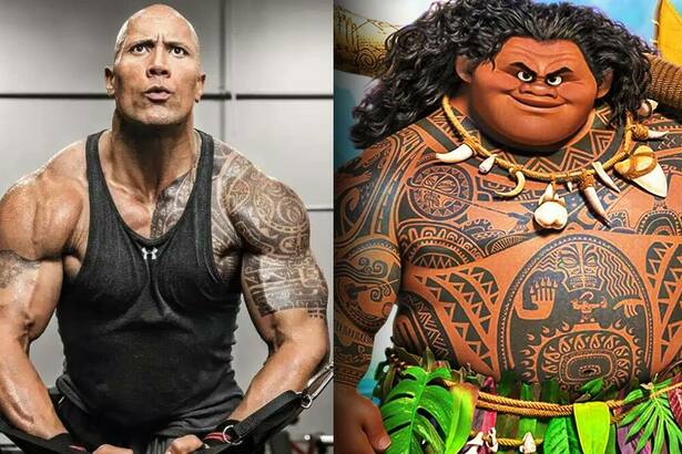 The Rock mostrando os músculos e o desenho de Maui em animação de Moana