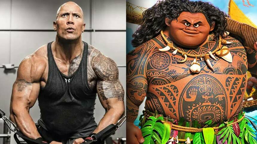 The Rock mostrando os músculos e o desenho de Maui em animação de Moana