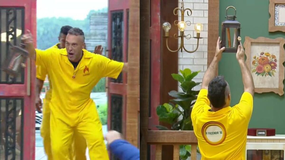 Juninho chega de macacão amarelo com o lampião do Poder da Prova de Fogo nas mãos na sala de A Fazenda 16