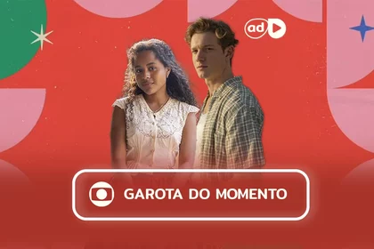 Protagonistas da novela Garota do Momento na arte do resumo da novela