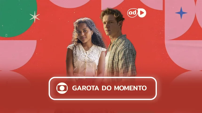 Protagonistas da novela Garota do Momento na arte do resumo da novela