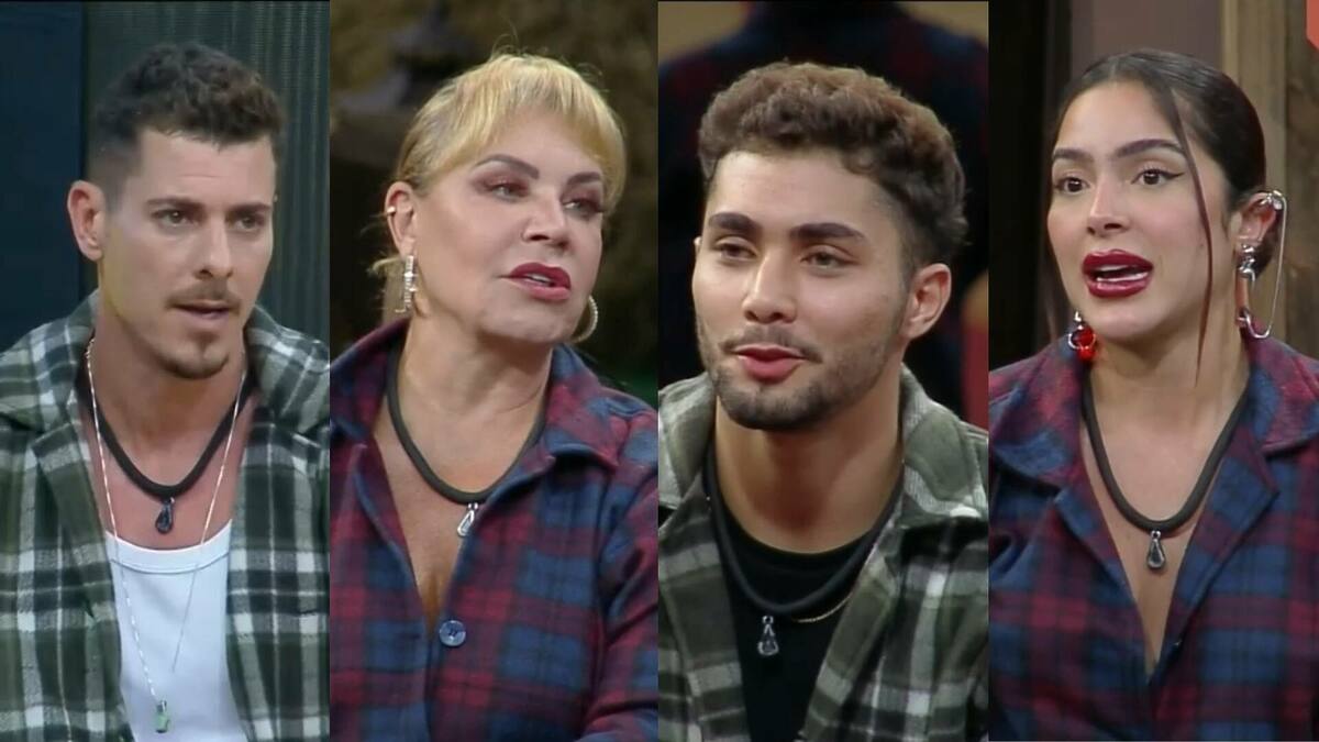 Sacha Bali, Flor, Yuri e Luana sentados no banquinho da 12ª Roça de A Fazenda 16