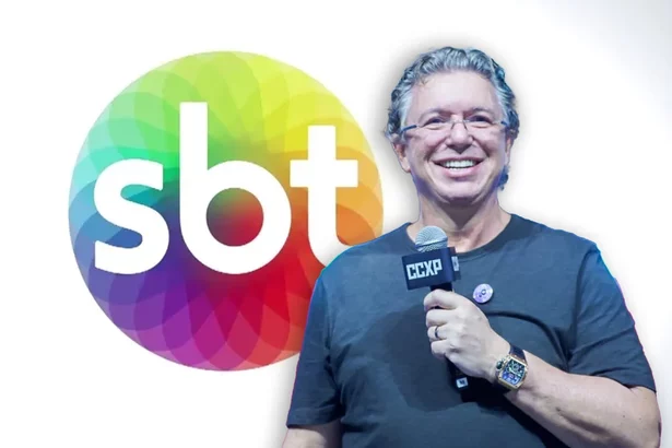 Montagem do logo do SBT com Boninho segurando microfone