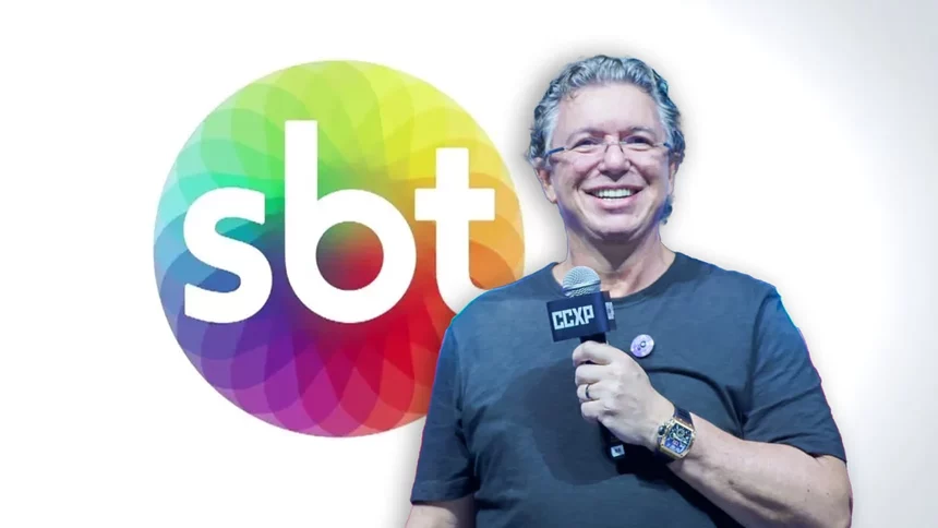 Montagem do logo do SBT com Boninho segurando microfone