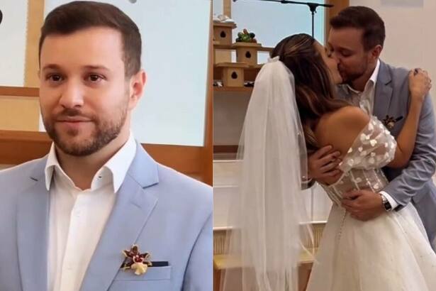 Cassius Zeilmann e Danúbia Braga em trechos do casamento, com o beijo do casal