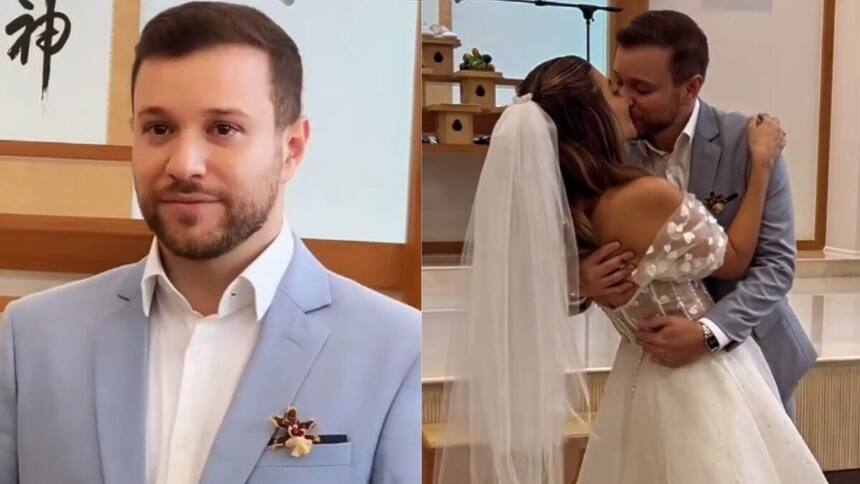 Cassius Zeilmann e Danúbia Braga em trechos do casamento, com o beijo do casal