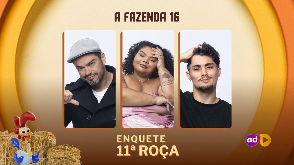 Sidney Sampaio, Flora, e Gui Vieira com semblantes tristes em arte da enquete de A Fazenda 16 sobre a 11ª Roça