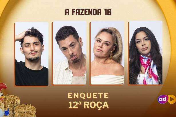 Gui Vieira, Sacha Bali, Flor Fernandez e Luana na arte da enquete de A Fazenda 16 na 12ª Roça