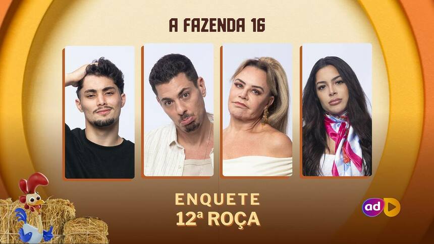 Gui Vieira, Sacha Bali, Flor Fernandez e Luana na arte da enquete de A Fazenda 16 na 12ª Roça